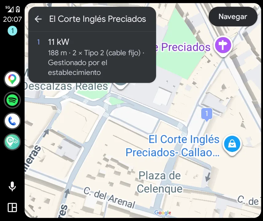A charger's details on Android Auto: 11 kW, 188 m away, 2 Type 2 sockets with a tethered cable, run by the venue, with the map behind and the Navigate button