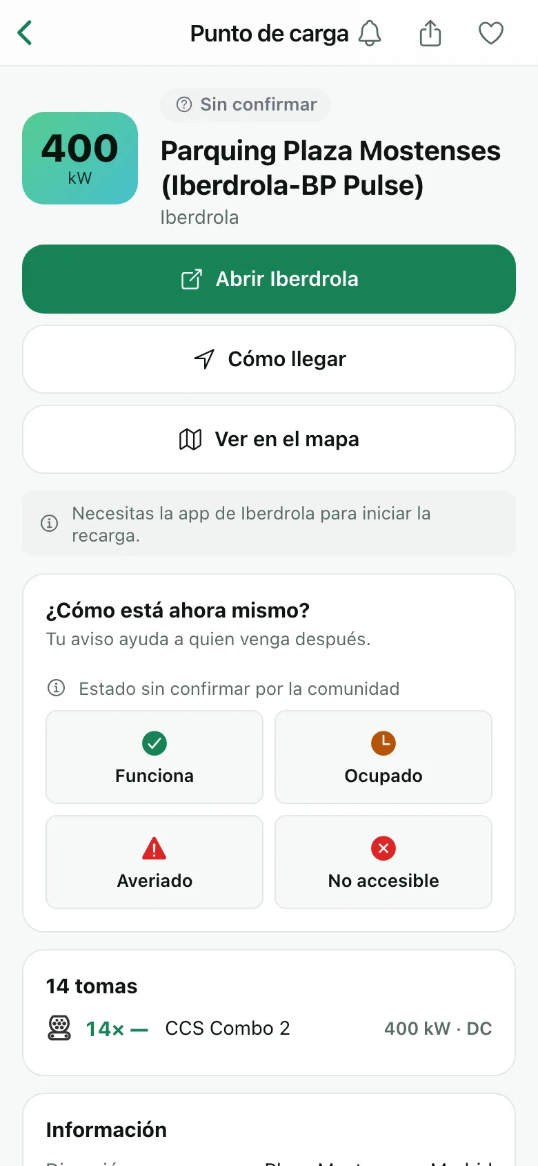 The details of a charge point in CargaLive: connectors, power, status and a button to navigate to it