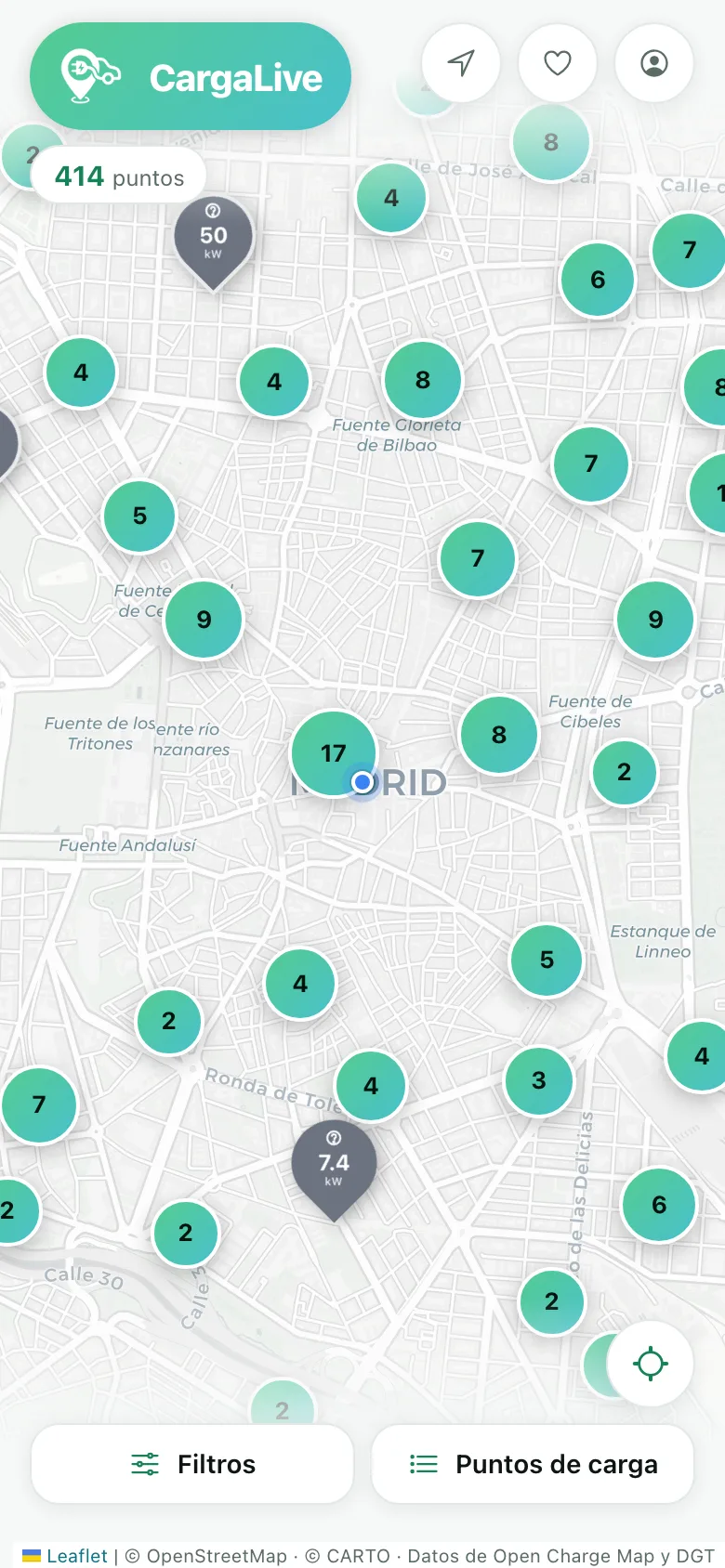 The CargaLive map with the charge points of Madrid, each with its power in kW