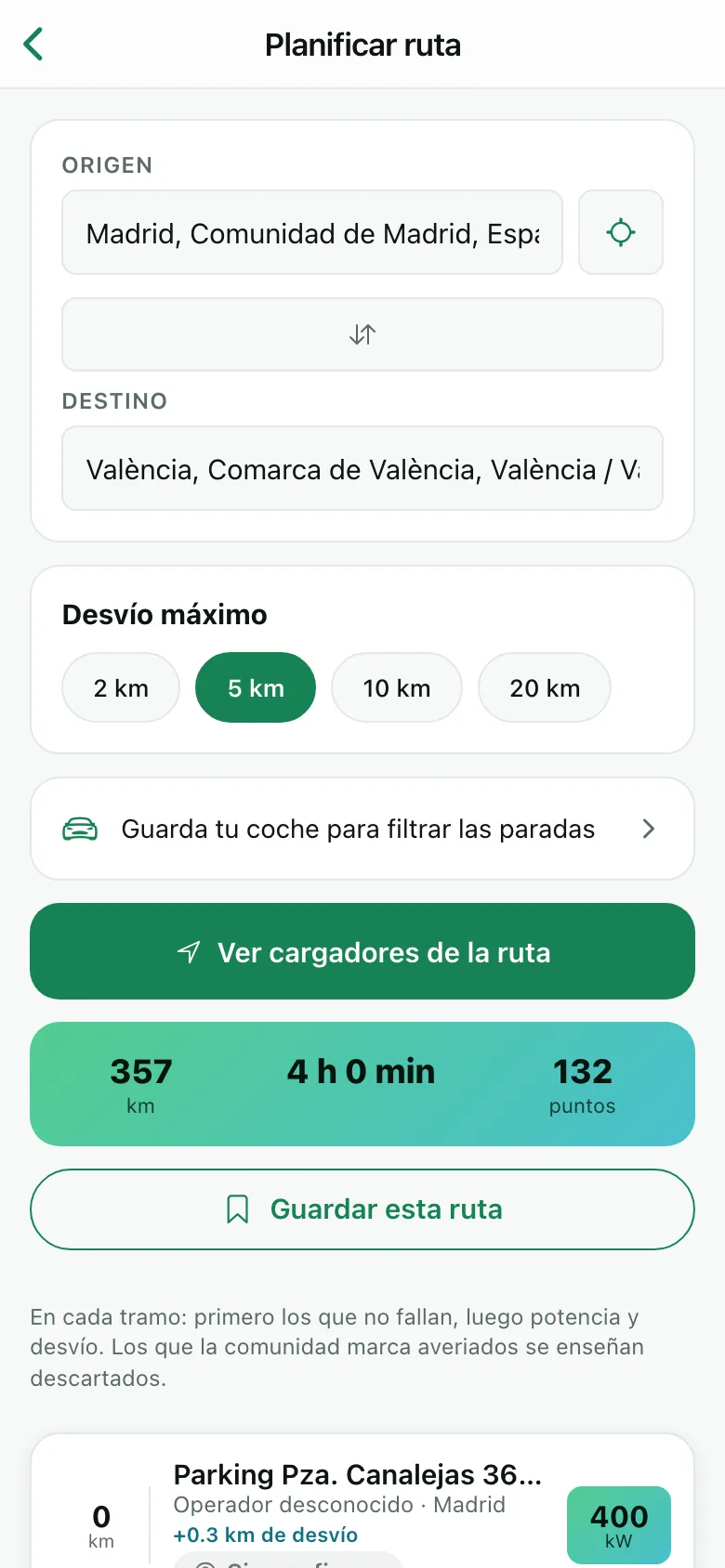 A route from Madrid to Valencia in CargaLive, with the chargers along the way and the detour for each one